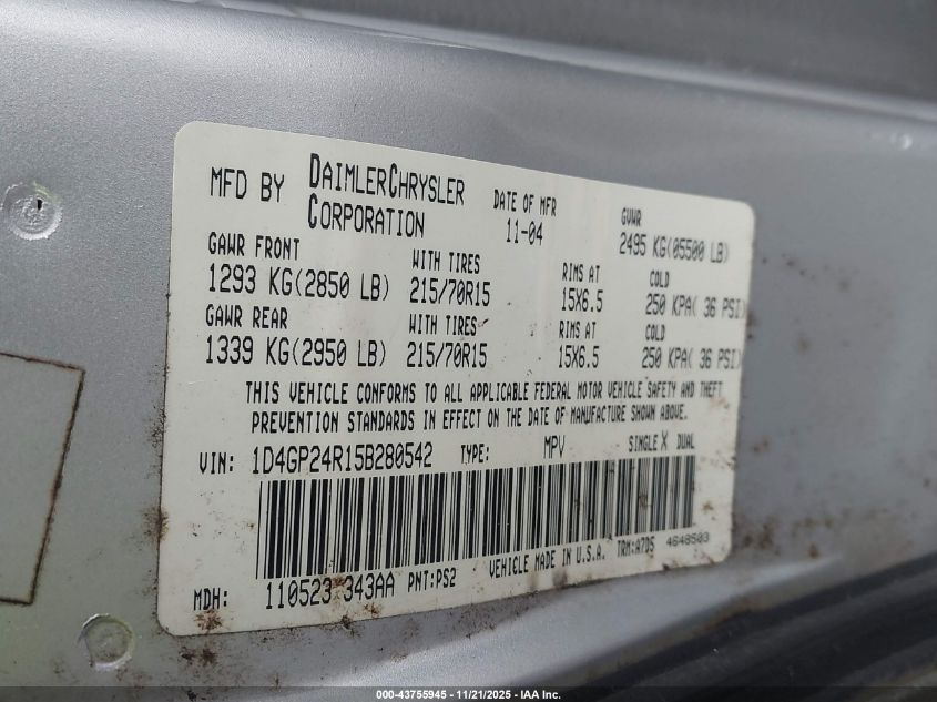 2005 Dodge Grand Caravan Se VIN: 1D4GP24R15B280542 Lot: 43755945