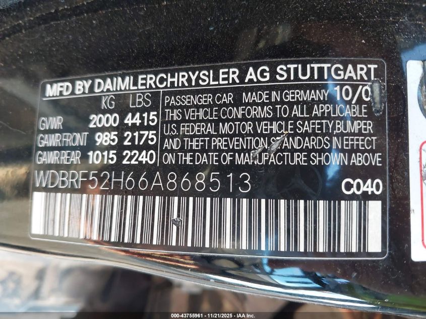 2006 Mercedes-Benz C 230 Sport VIN: WDBRF52H66A868513 Lot: 43755961