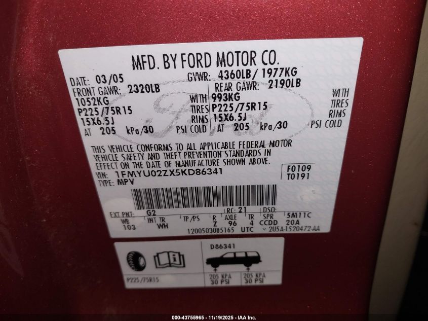 2005 Ford Escape Xls VIN: 1FMYU02ZX5KD86341 Lot: 43755965