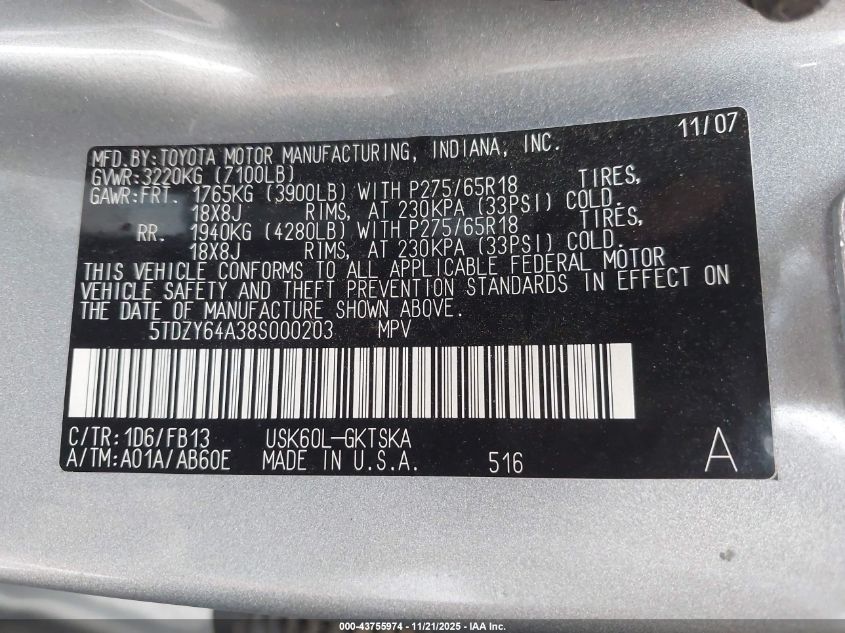 2008 Toyota Sequoia Sr5 5.7L V8 VIN: 5TDZY64A38S000203 Lot: 43755974