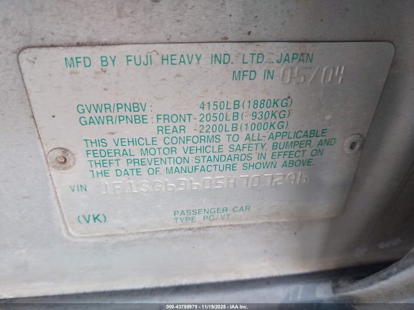 2005 Subaru Forester 2.5X VIN: JF1SG63605H707296 Lot: 43755979