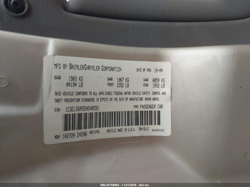 2005 Chrysler Sebring Touring VIN: 1C3EL56R55N548591 Lot: 43755984