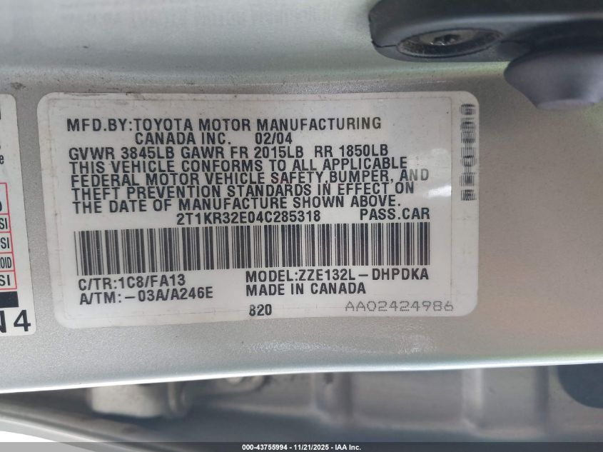 2004 Toyota Matrix Standard VIN: 2T1KR32E04C285318 Lot: 43755994