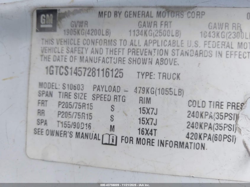 2002 GMC Sonoma Sl VIN: 1GTCS145728116125 Lot: 43756009