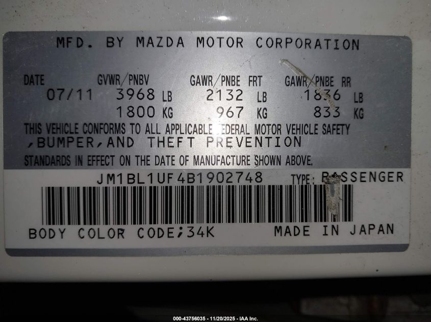 2011 Mazda Mazda3 I Sport VIN: JM1BL1UF4B1902748 Lot: 43756035