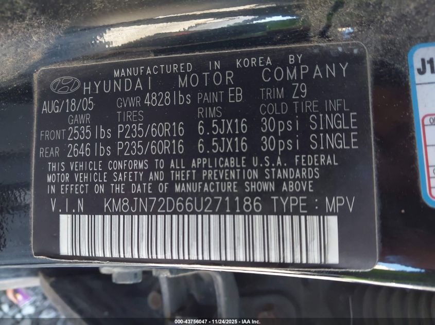 2006 Hyundai Tucson Gls/Limited VIN: KM8JN72D66U271186 Lot: 43756047