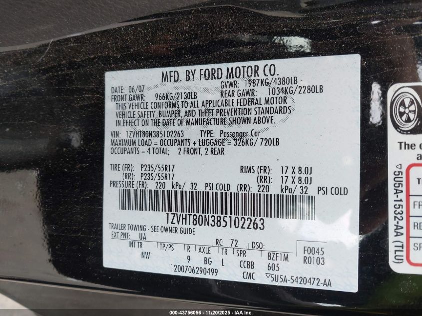 2008 Ford Mustang V6 Deluxe/V6 Premium VIN: 1ZVHT80N385102263 Lot: 43756056