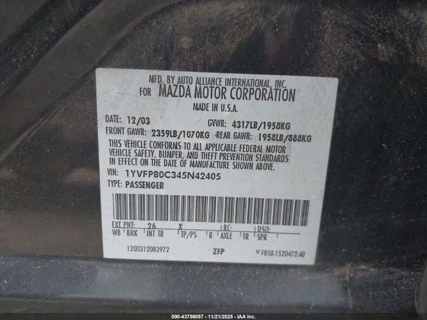 2004 Mazda Mazda6 I VIN: 1YVFP80C345N42405 Lot: 43756057