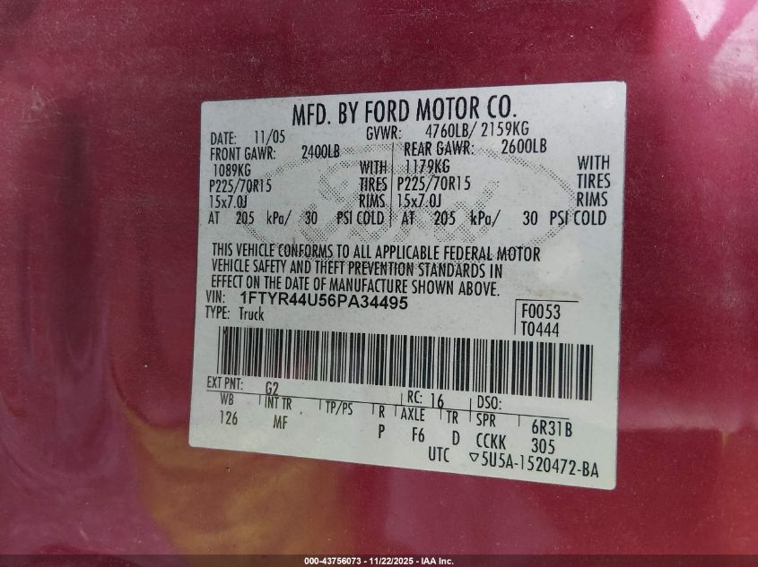 2006 Ford Ranger Sport/Stx/Xlt VIN: 1FTYR44U56PA34495 Lot: 43756073