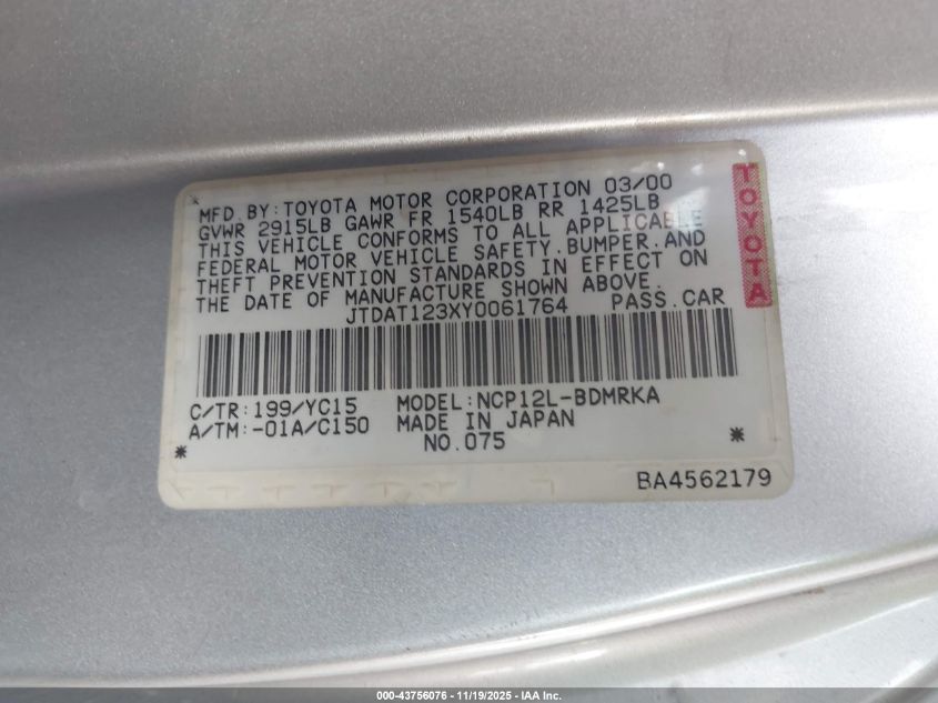 2000 Toyota Echo VIN: JTDAT123XY0061764 Lot: 43756076