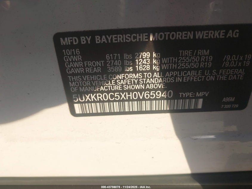 2017 BMW X5 xDrive35I VIN: 5UXKR0C5XH0V65940 Lot: 43756078