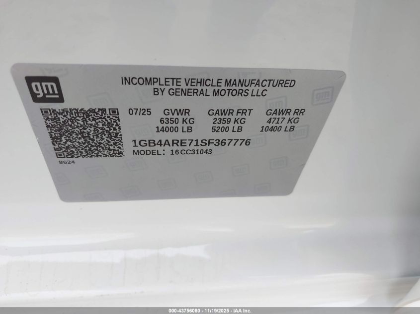 2025 Chevrolet Silverado 3500Hd Chassis Work Truck VIN: 1GB4ARE71SF367776 Lot: 43756080