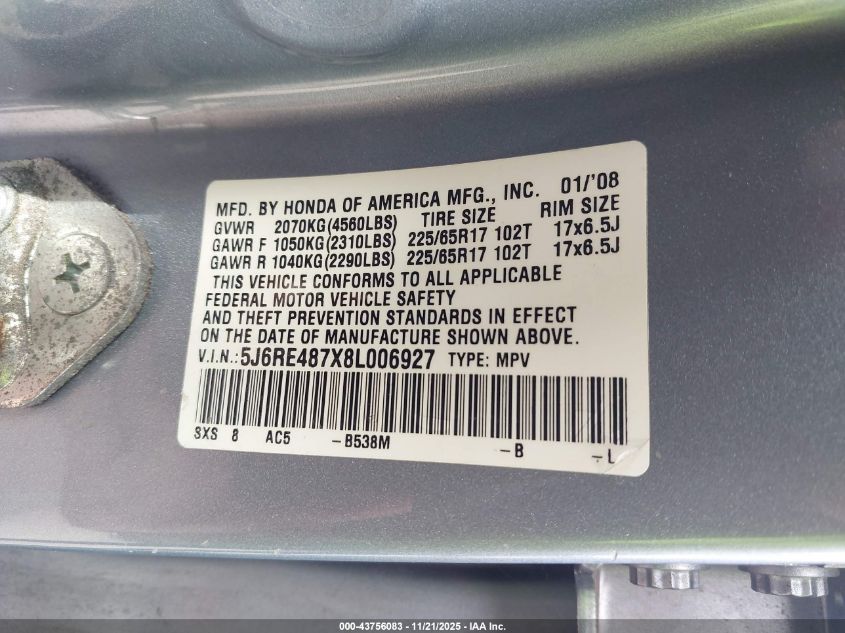 2008 Honda Cr-V Ex-L VIN: 5J6RE487X8L006927 Lot: 43756083