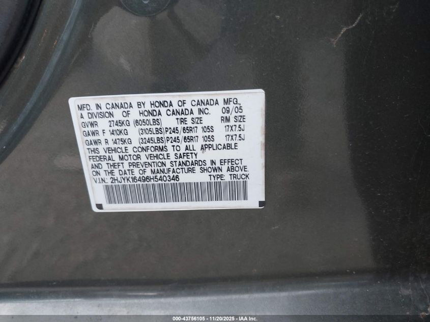 2006 Honda Ridgeline Rts VIN: 2HJYK16496H540346 Lot: 43756105