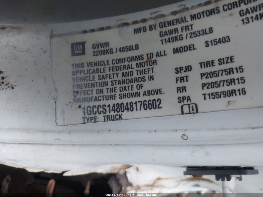 2004 Chevrolet Colorado Fleet VIN: 1GCCS148048176602 Lot: 43756110