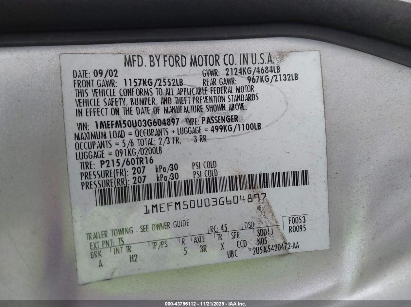 2003 Mercury Sable Gs VIN: 1MEFM50U03G604897 Lot: 43756112