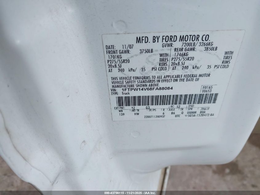 2008 Ford F-150 60Th Anniversary/Fx4/King Ranch/Lariat/Xlt VIN: 1FTPW14V68FA88084 Lot: 43756115