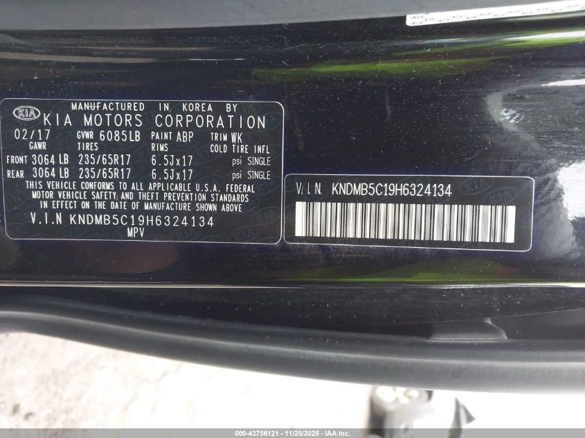 2017 Kia Sedona Lx VIN: KNDMB5C19H6324134 Lot: 43756121