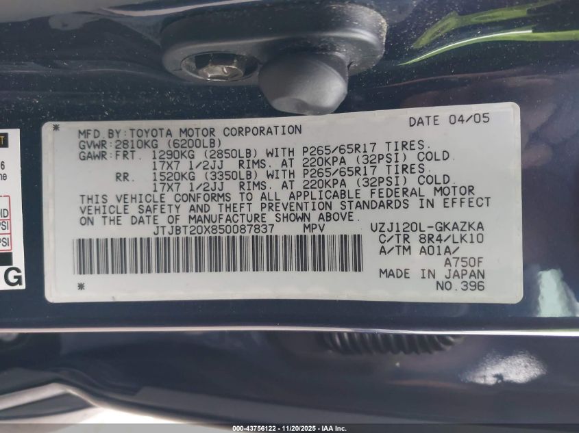 2005 Lexus Gx 470 VIN: JTJBT20X850087837 Lot: 43756122