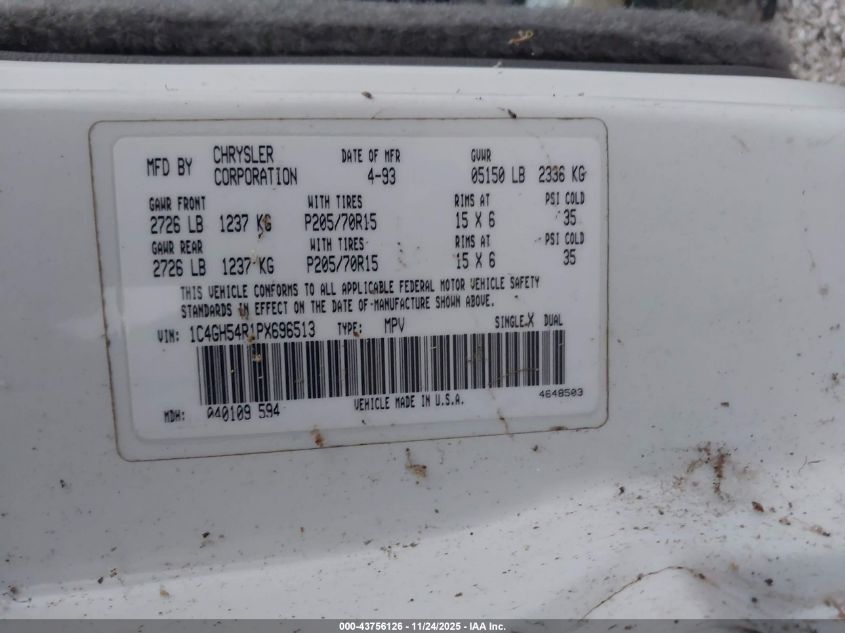 1993 Chrysler Town & Country VIN: 1C4GH54R1PX696513 Lot: 43756126