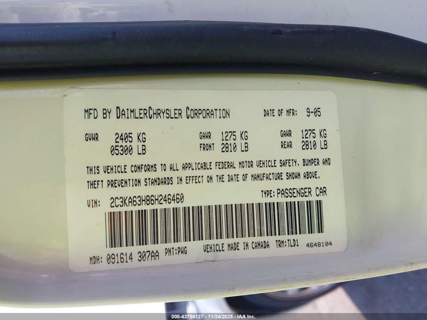 2006 Chrysler 300C VIN: 2C3KA63H86H246460 Lot: 43756127