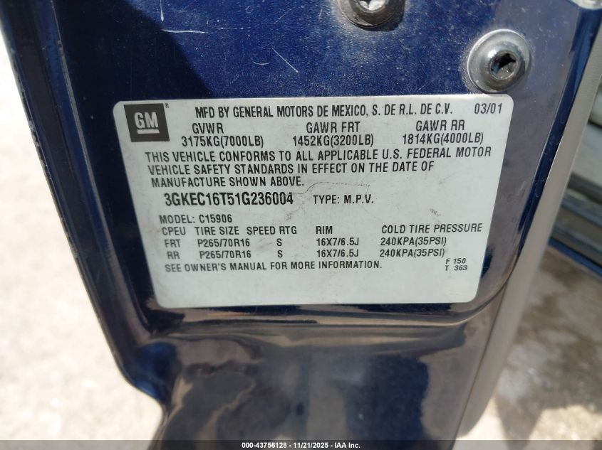 2001 GMC Yukon Xl 1500 Sle VIN: 3GKEC16T51G236004 Lot: 43756128