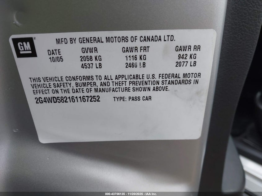 2006 Buick Lacrosse Cxl VIN: 2G4WD582161167252 Lot: 43756135