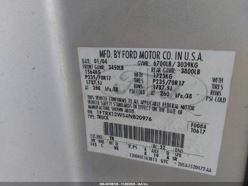 2004 Ford F-150 Stx/Xl/Xlt VIN: 1FTRX12W54NB20976 Lot: 43756136