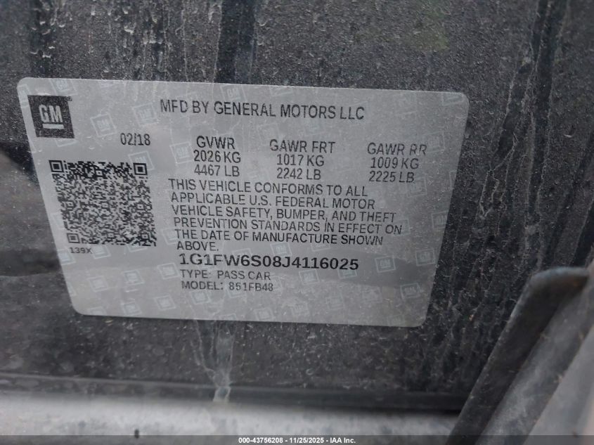 2018 Chevrolet Bolt Ev Lt VIN: 1G1FW6S08J4116025 Lot: 43756208