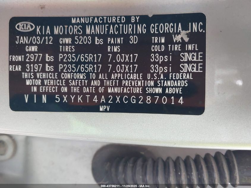 2012 Kia Sorento Lx V6 VIN: 5XYKT4A2XCG287014 Lot: 43756211