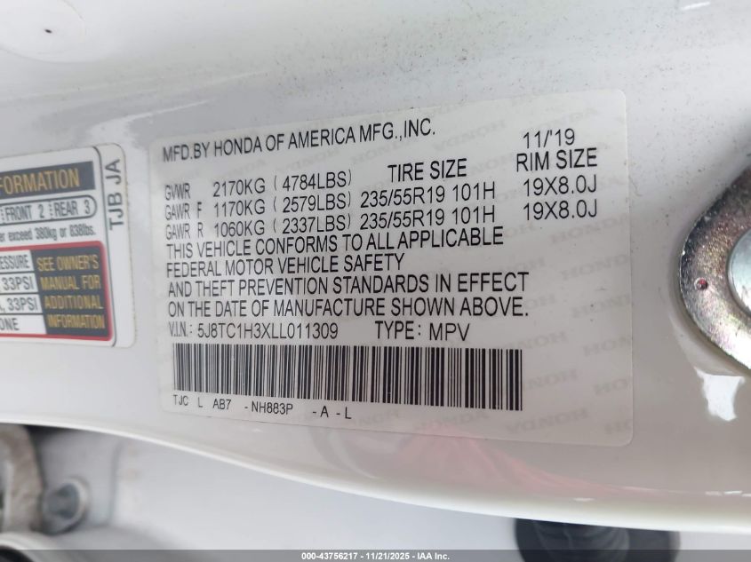 2020 Acura Rdx Standard VIN: 5J8TC1H3XLL011309 Lot: 43756217