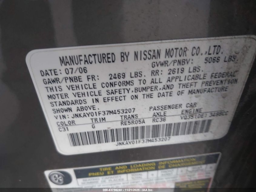 2007 Infiniti M35X VIN: JNKAY01F37M453207 Lot: 43756240