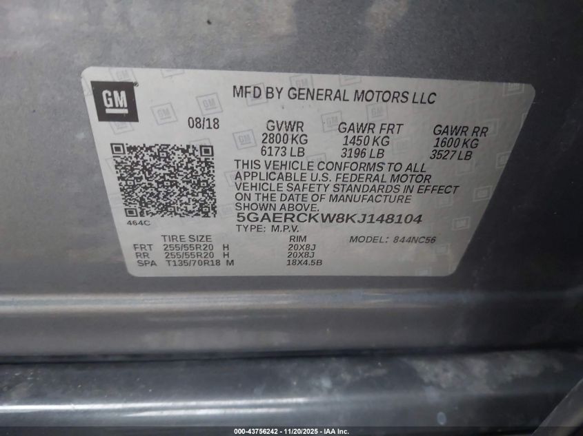 2019 Buick Enclave Fwd Premium VIN: 5GAERCKW8KJ148104 Lot: 43756242