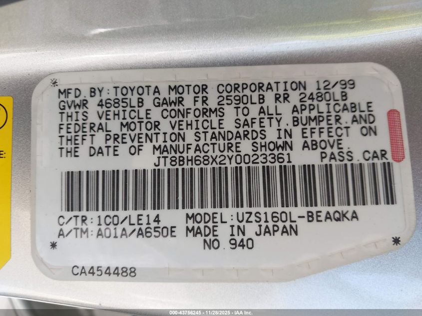 2000 Lexus Gs 400 VIN: JT8BH68X2Y0023361 Lot: 43756245