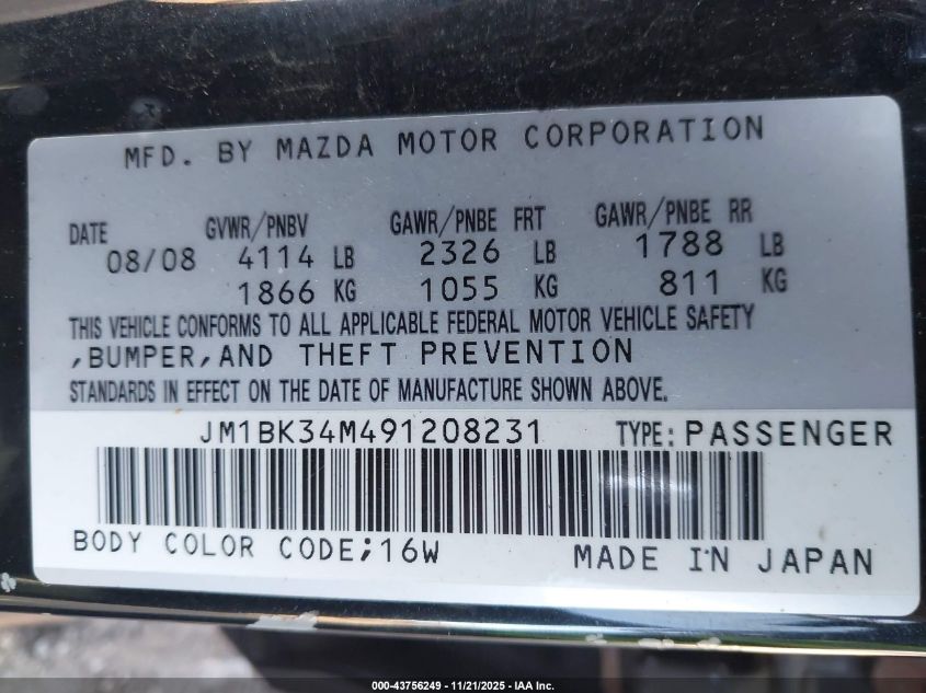 2009 Mazda Mazdaspeed3 Sport VIN: JM1BK34M491208231 Lot: 43756249