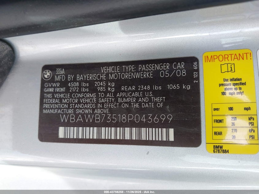 2008 BMW 335I VIN: WBAWB73518P043699 Lot: 43756258