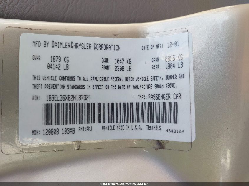 2002 Dodge Stratus Se VIN: 1B3EL36X62N187321 Lot: 43756275