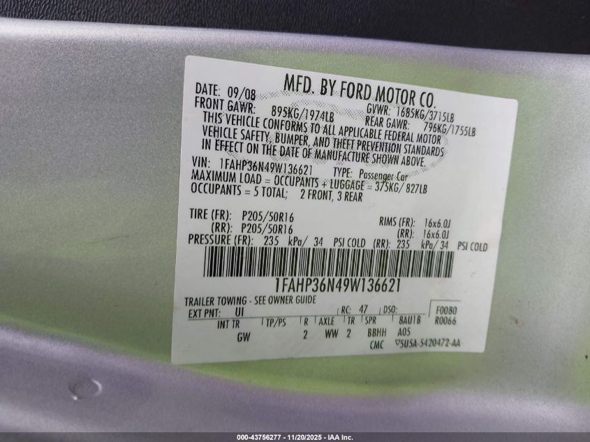 2009 Ford Focus Ses VIN: 1FAHP36N49W136621 Lot: 43756277