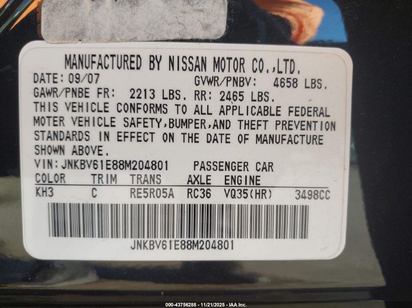 2008 Infiniti G35 Journey VIN: JNKBV61E88M204801 Lot: 43756288