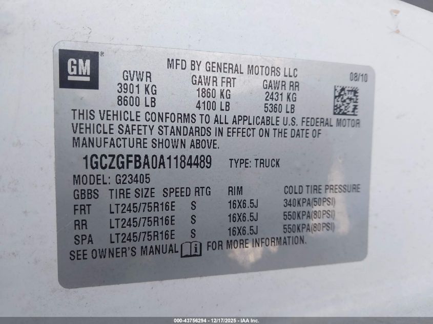 2010 Chevrolet Express 2500 Work Van VIN: 1GCZGFBA0A1184489 Lot: 43756294