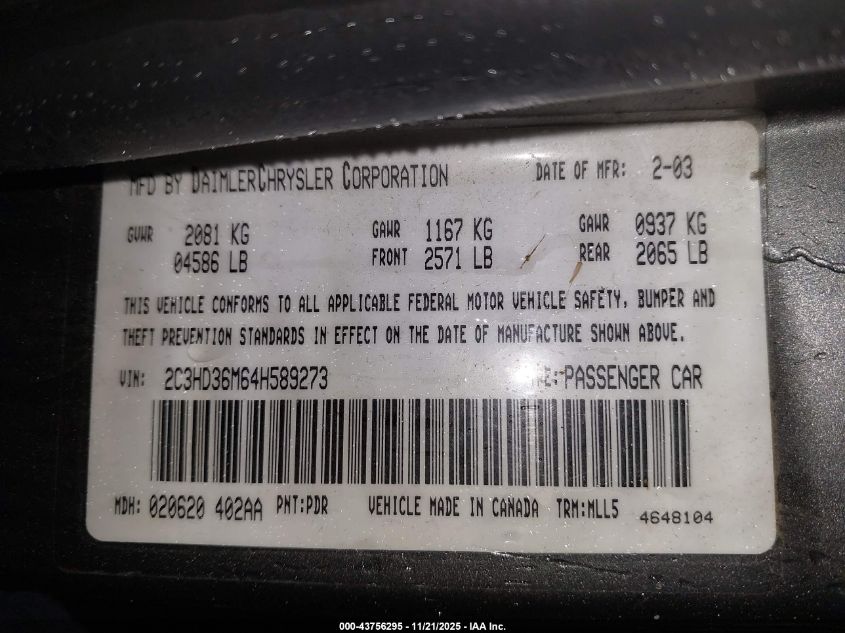 2004 Chrysler Concorde Lxi VIN: 2C3HD36M64H589273 Lot: 43756295
