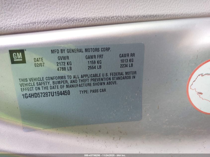2007 Buick Lucerne Cxl VIN: 1G4HD57287U194450 Lot: 43756298