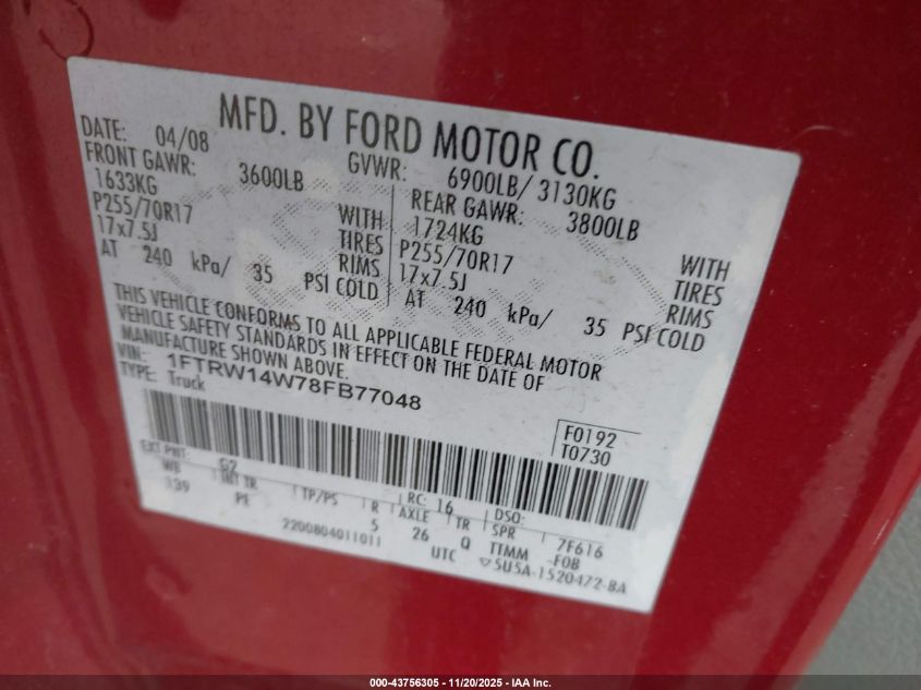 2008 Ford F-150 60Th Anniversary/Xl/Xlt VIN: 1FTRW14W78FB77048 Lot: 43756305