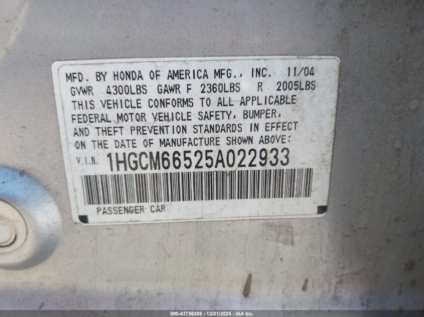 2005 Honda Accord 3.0 Ex VIN: 1HGCM66525A022933 Lot: 43756308
