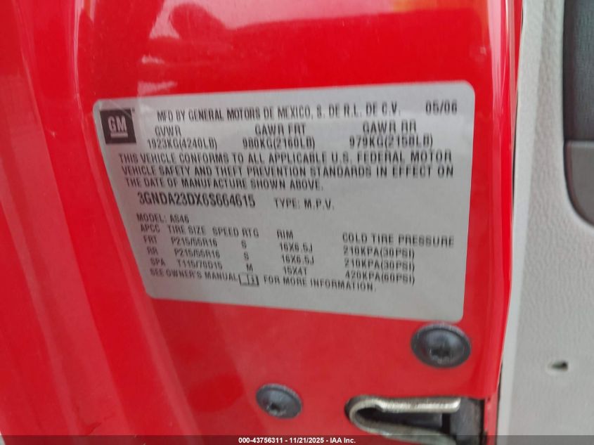 2006 Chevrolet Hhr Lt VIN: 3GNDA23DX6S664615 Lot: 43756311