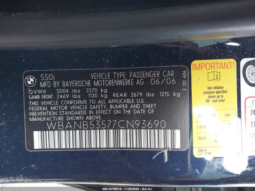 2007 BMW 550I VIN: WBANB53577CN93690 Lot: 43756316