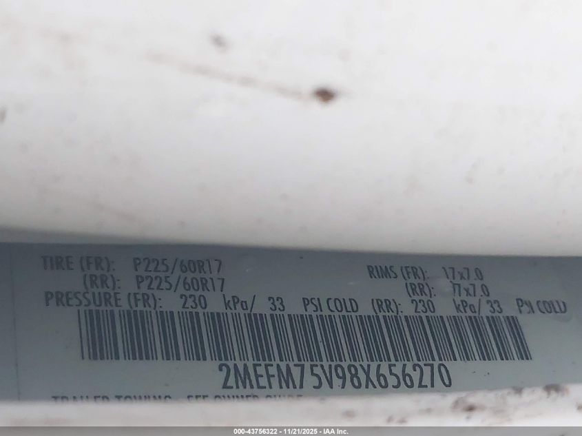 2008 Mercury Grand Marquis Ls VIN: 2MEFM75V98X656270 Lot: 43756322