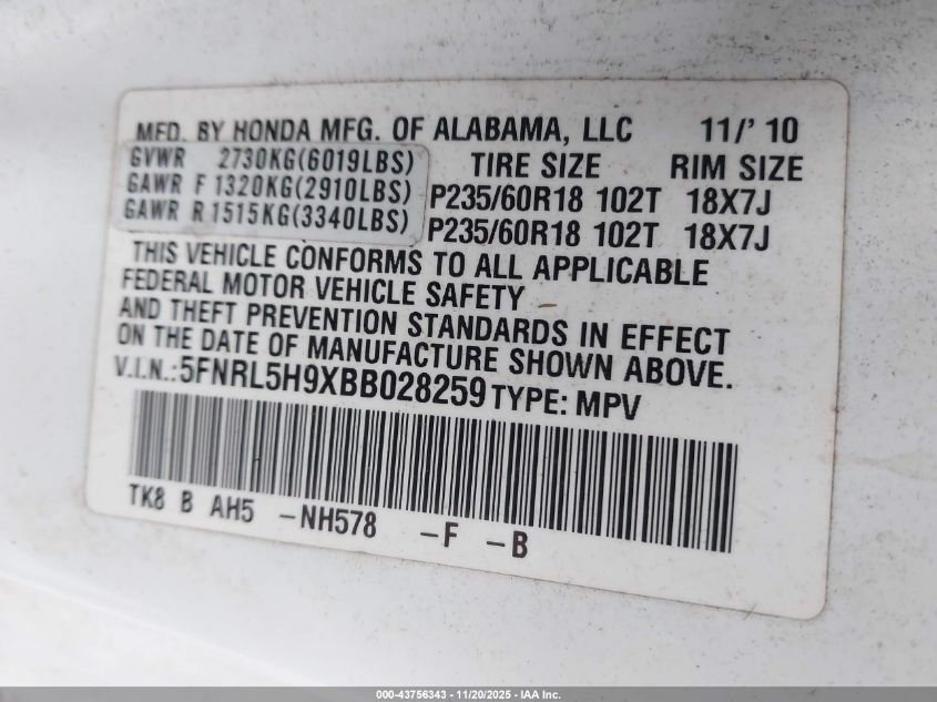 2011 Honda Odyssey Touring/Touring Elite VIN: 5FNRL5H9XBB028259 Lot: 43756343