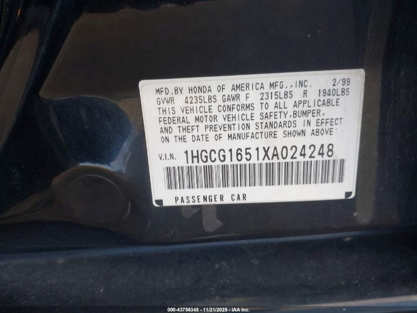 1999 Honda Accord Ex V6 VIN: 1HGCG1651XA024248 Lot: 43756348