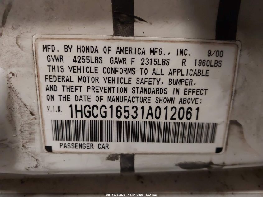 2001 Honda Accord 3.0 Ex VIN: 1HGCG16531A012061 Lot: 43756373